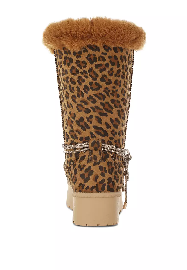 豹紋毛領防滑雪靴