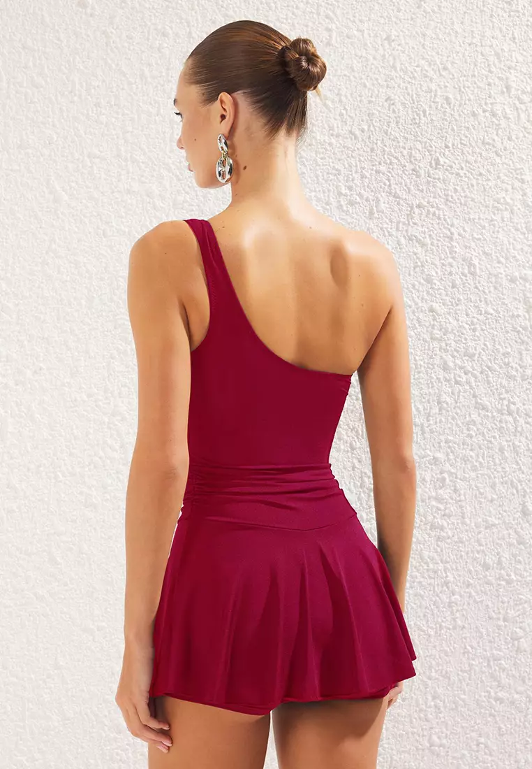 Burgundy One Shoulder Skirt Shorts Swimsuit Tbess25Ma00061