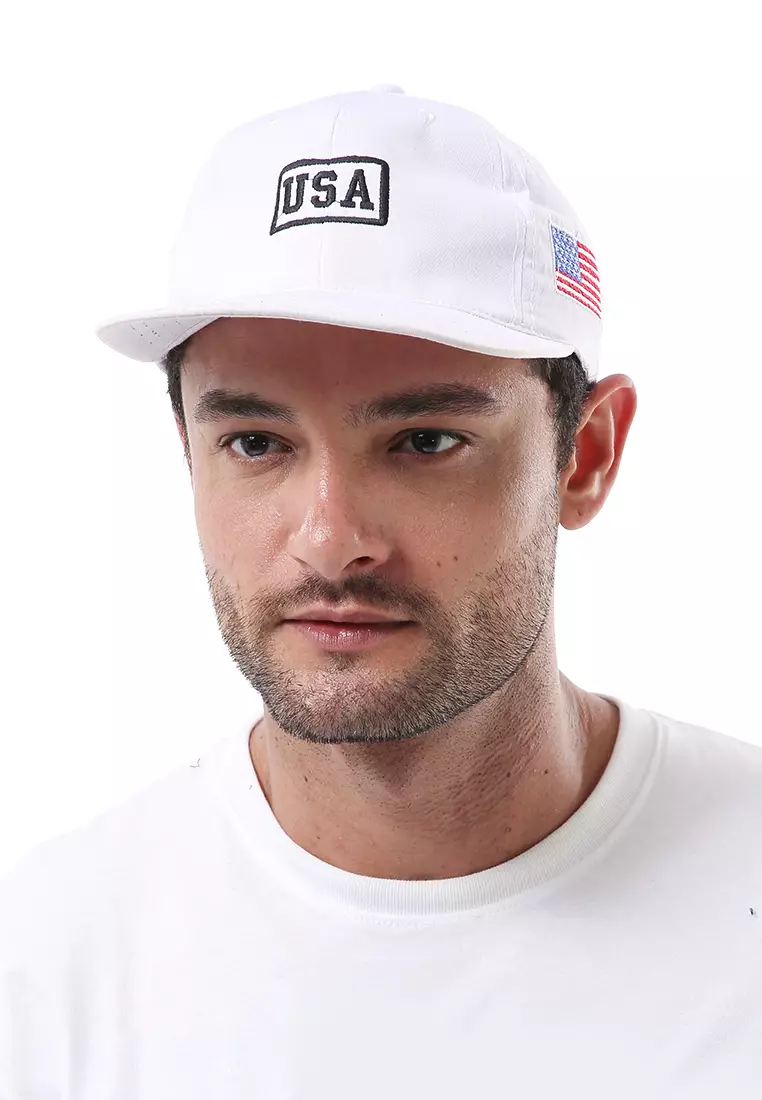 Maxton Topi Baseball Aksesoris Fashion Pria Flag Motive Resizable Strap Material Rafel ORIGINAL - White