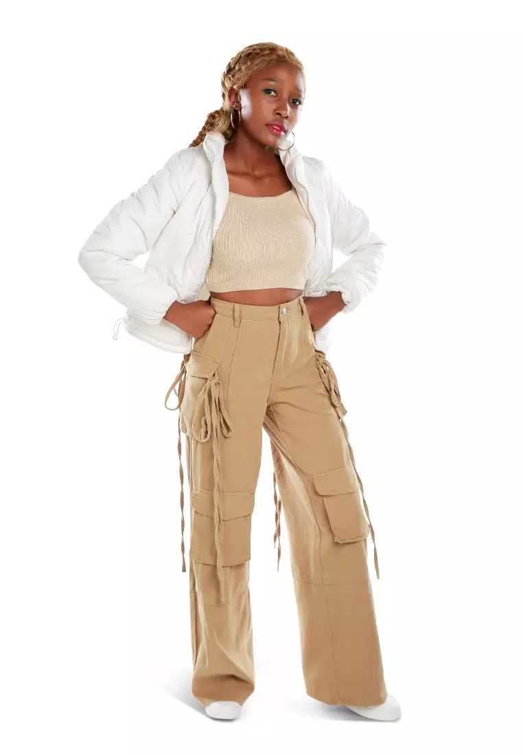 实用抽绳口袋长裤 驼色