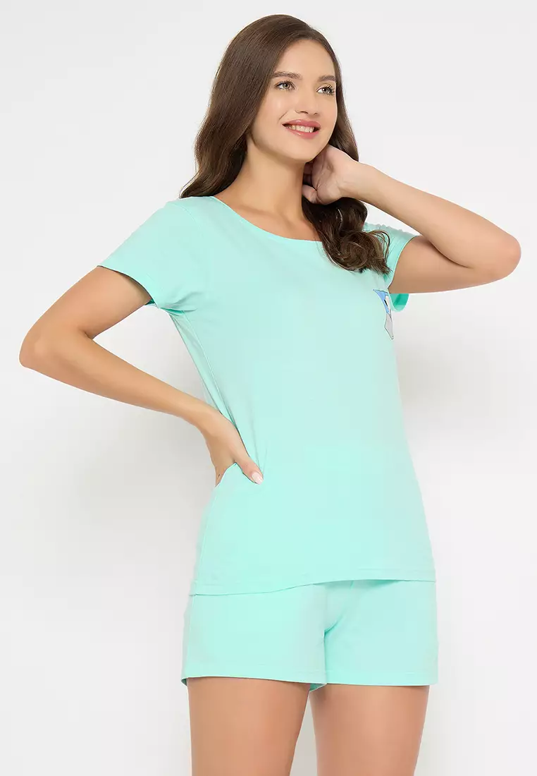 Clovia Cute Panda Print Top & Shorts in Light Blue - 100% Cotton