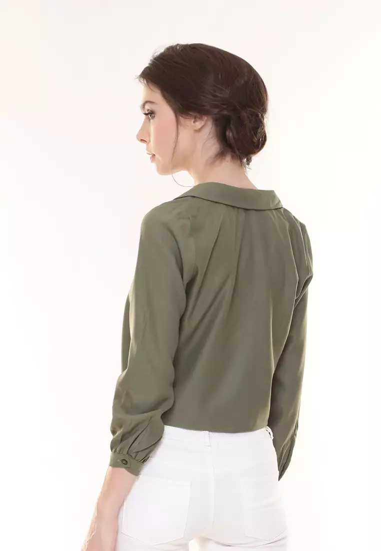 Evelyn Top Button Ribbon Tied up in Olive Green
