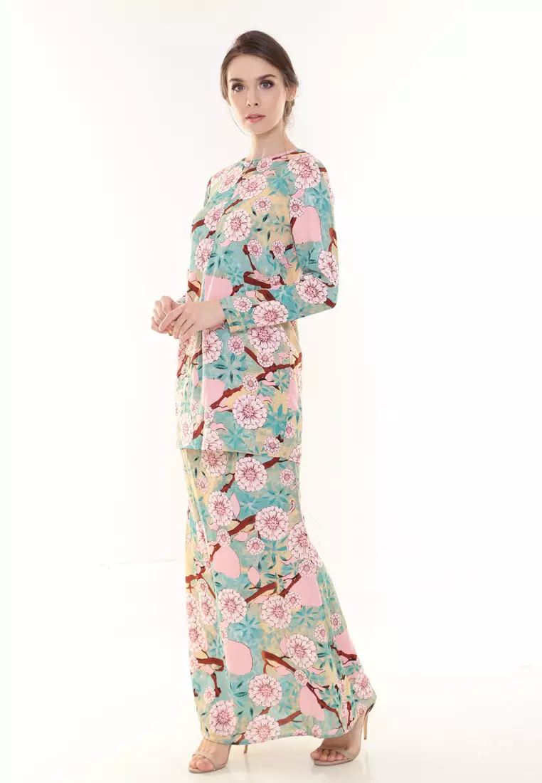 Rina Printed Kurung Mint Pink Flower