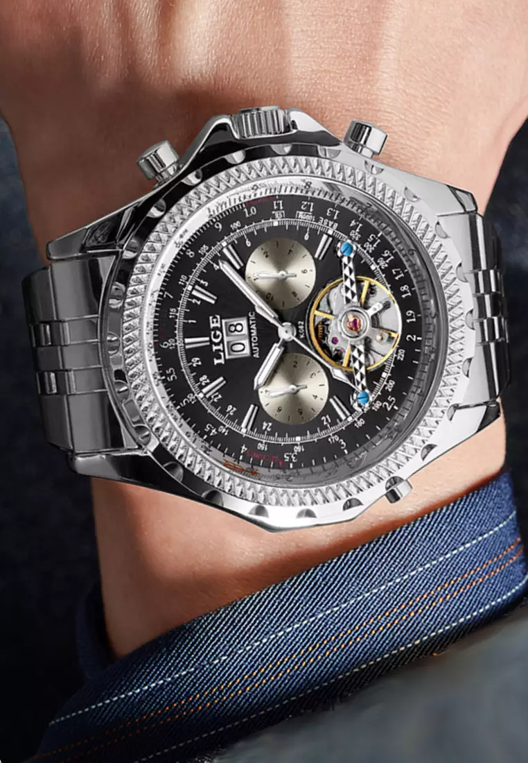 AUTOMATIC Unisex Stainless Steel Self-winding Watch, 46mm Diameter, Black dial on Steel Bracelet