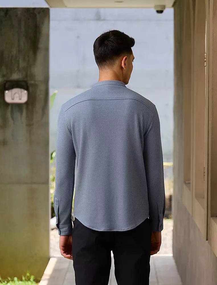 OXCON kemeja Tangan Panjang Waffle Kerah Collarless Blue Grey