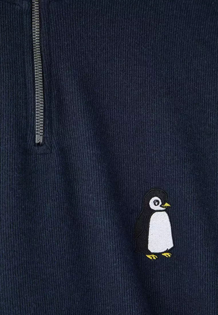 Navy Blue New Oversize/Wide Cut Penguin Embroidered Textured Stand Collar Sweatshirt