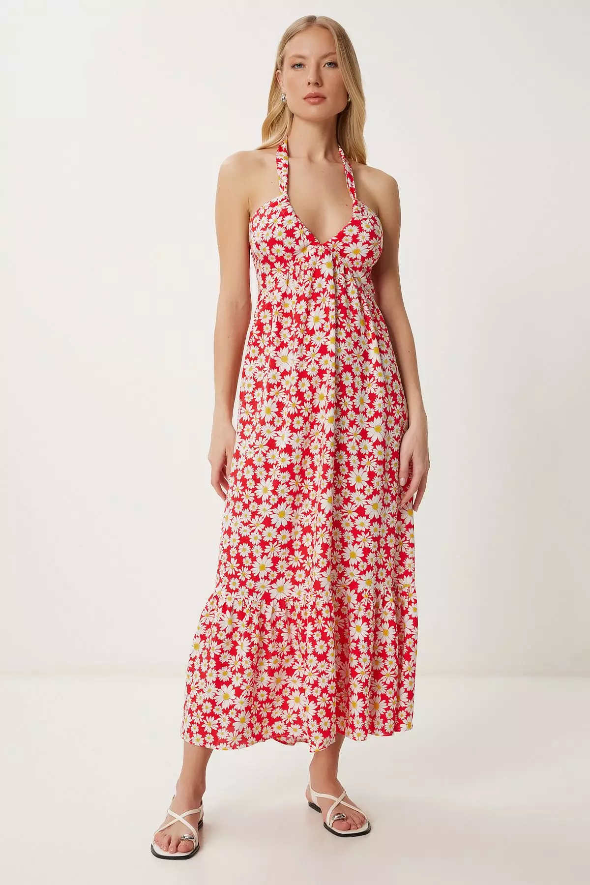 Women's Red Floral Patterned Summer Viscose Dress Fk00019