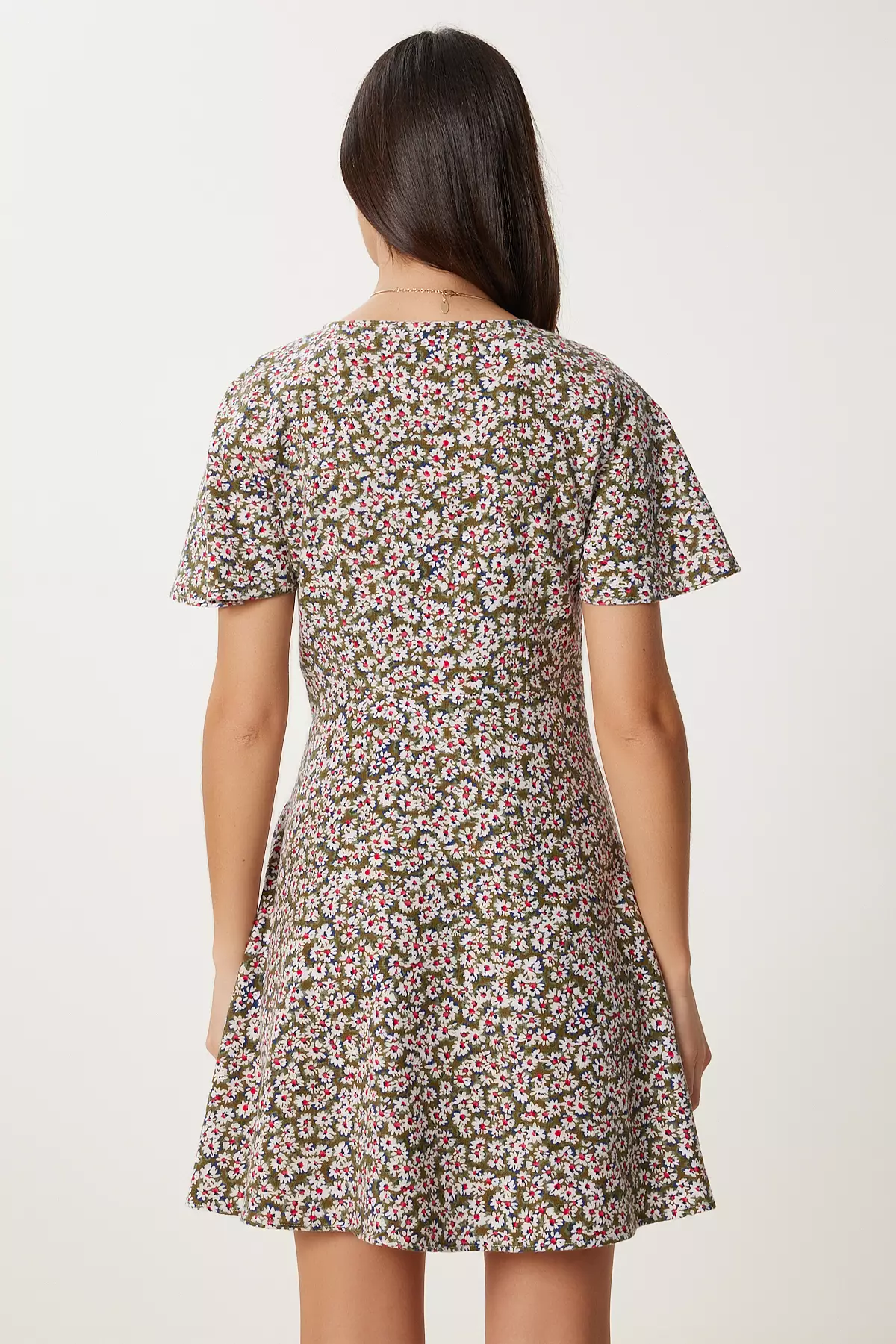 Women's Khaki Floral Summer Mini Linen Dress Fk00034