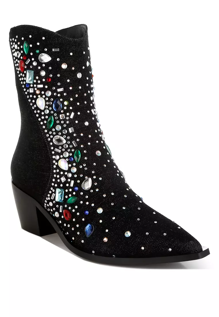 Multi Color Stones Embellished Boots in Black