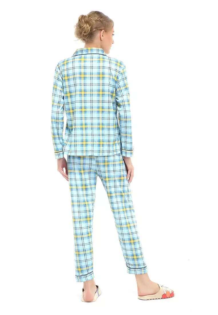 Vance Setelan Piyama Baju Tidur Wanita Lengan Panjang Motif Kotak Material Cotton ORIGINAL - Blue