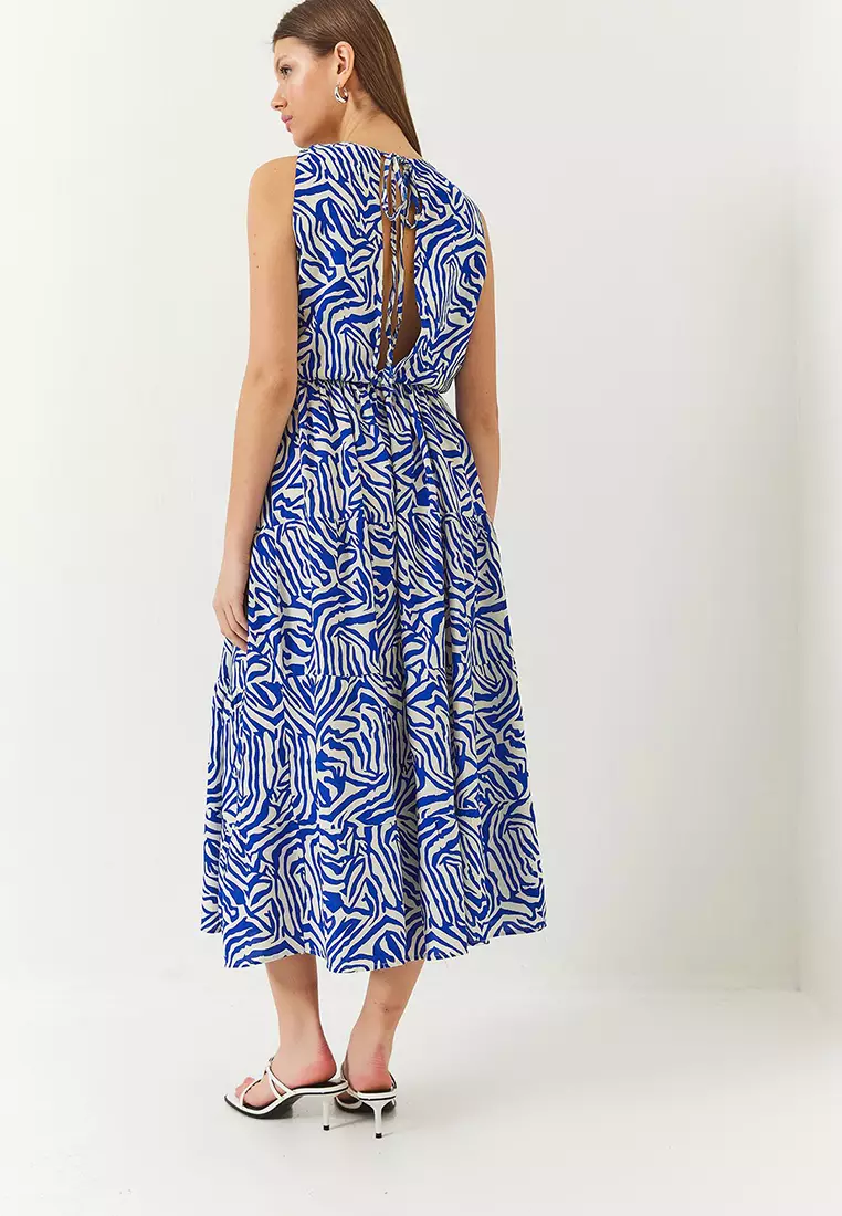 Women's Double Breasted Neckline Elastic Waist Back Rope Tie Print Dress 60261428