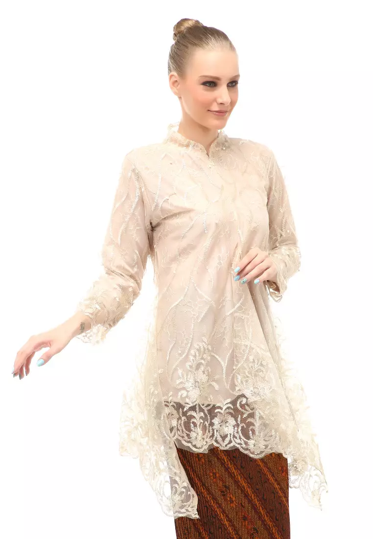 Kebaya Tunik Atasan Wanita Design Tulle Premium Quality - Coklat Susu