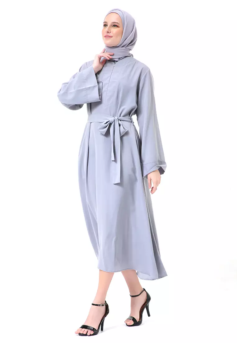 Khalisa Aiza Long Abaya Gamis Self Tie Belt Premium High Quality - Silver