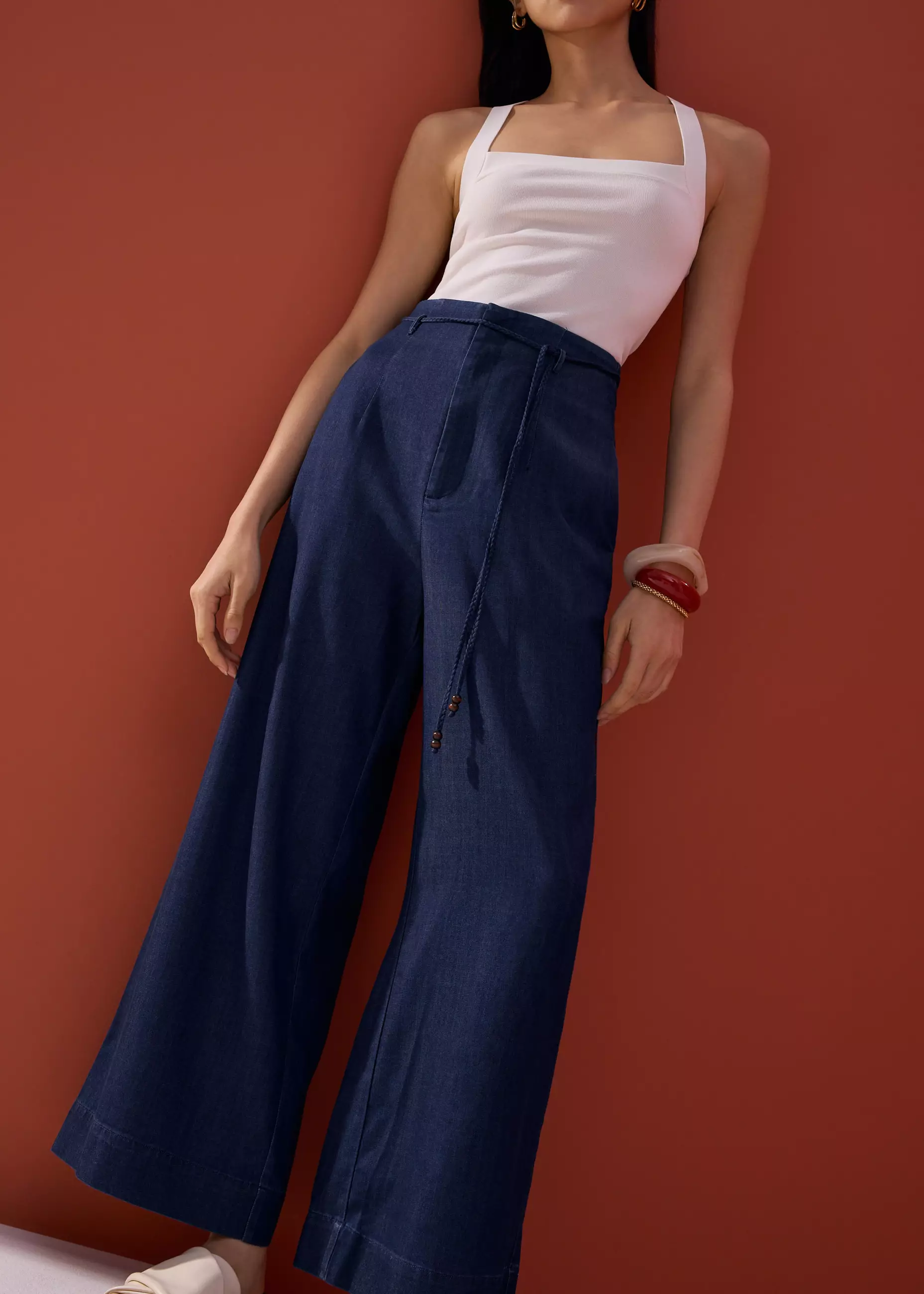Celana Panjang Wanita - Detachable Sash Chambray Straight Leg Ankle Length Pants