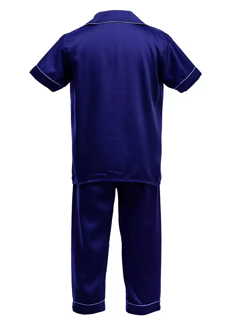 Joyce Piyama Anak Unisex Lengan Pendek Kids Pajamas Motif Polos Material Satin ORIGINAL - Navy