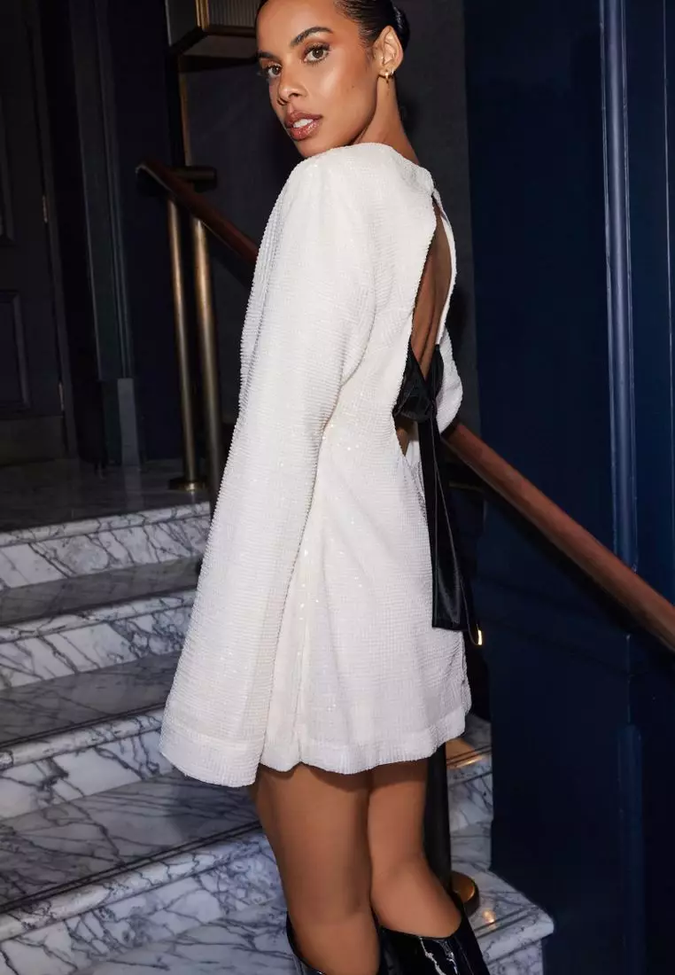 Buy NEXT Open Back Bow Detail Long Sleeve Sequin Mini Dress 2024