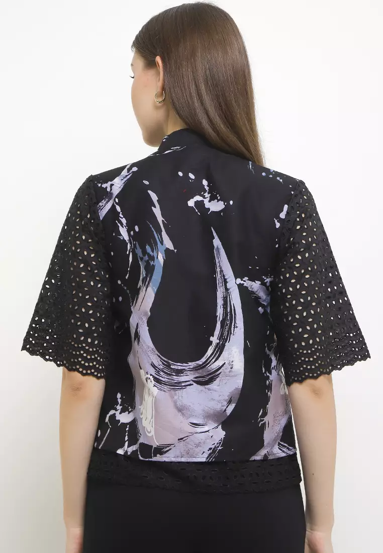 Blouse Batik Wanita Furing Kombinasi Lace Brukat Renvia Lengan Pendek Black