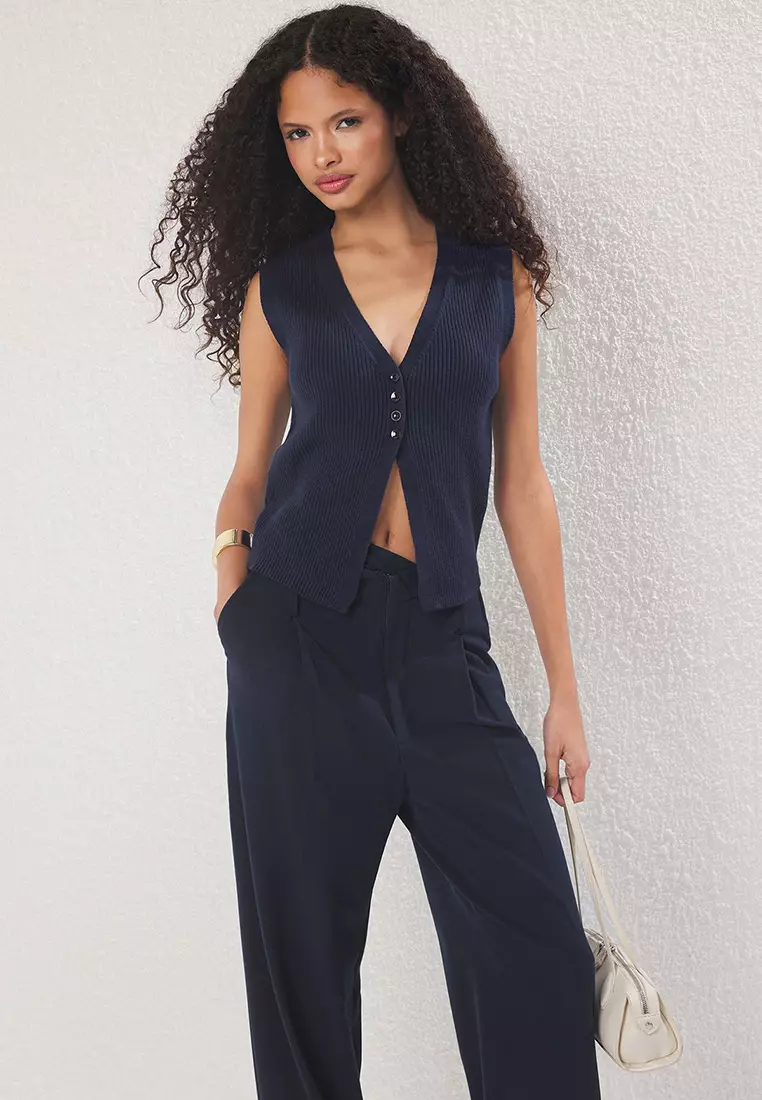 Navy Blue Premium Yarn / Special Yarn Slim Crop Top Vest TWOSS24BZ00258