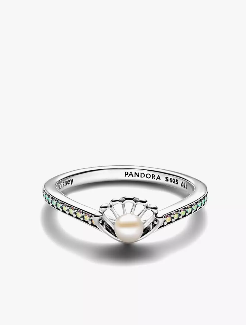 Disney Ariel sterling silver ring with treated white freshwater cultured pearl and aurora borialis cubic zirconia