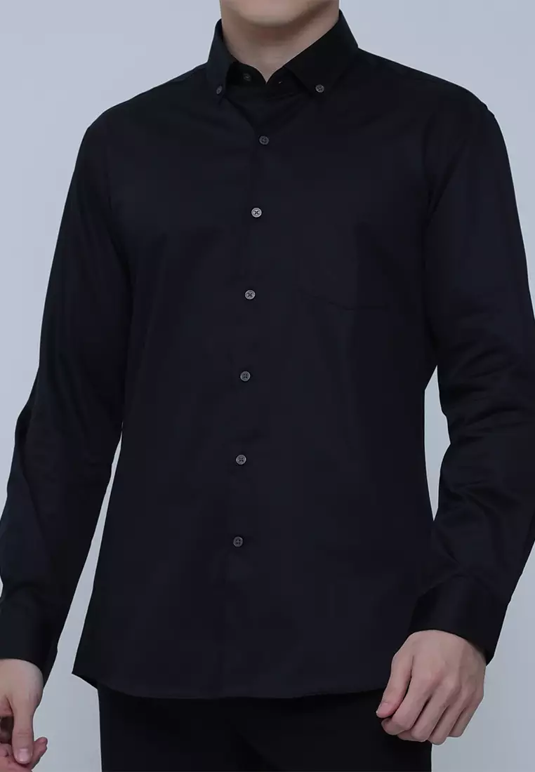 Slim Fit Solid Cotton Long Sleeve Dress Shirt