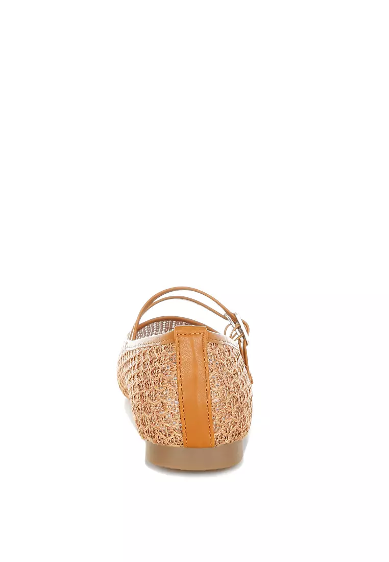 Pin Buckle Strapped Ballerinas In Tan
