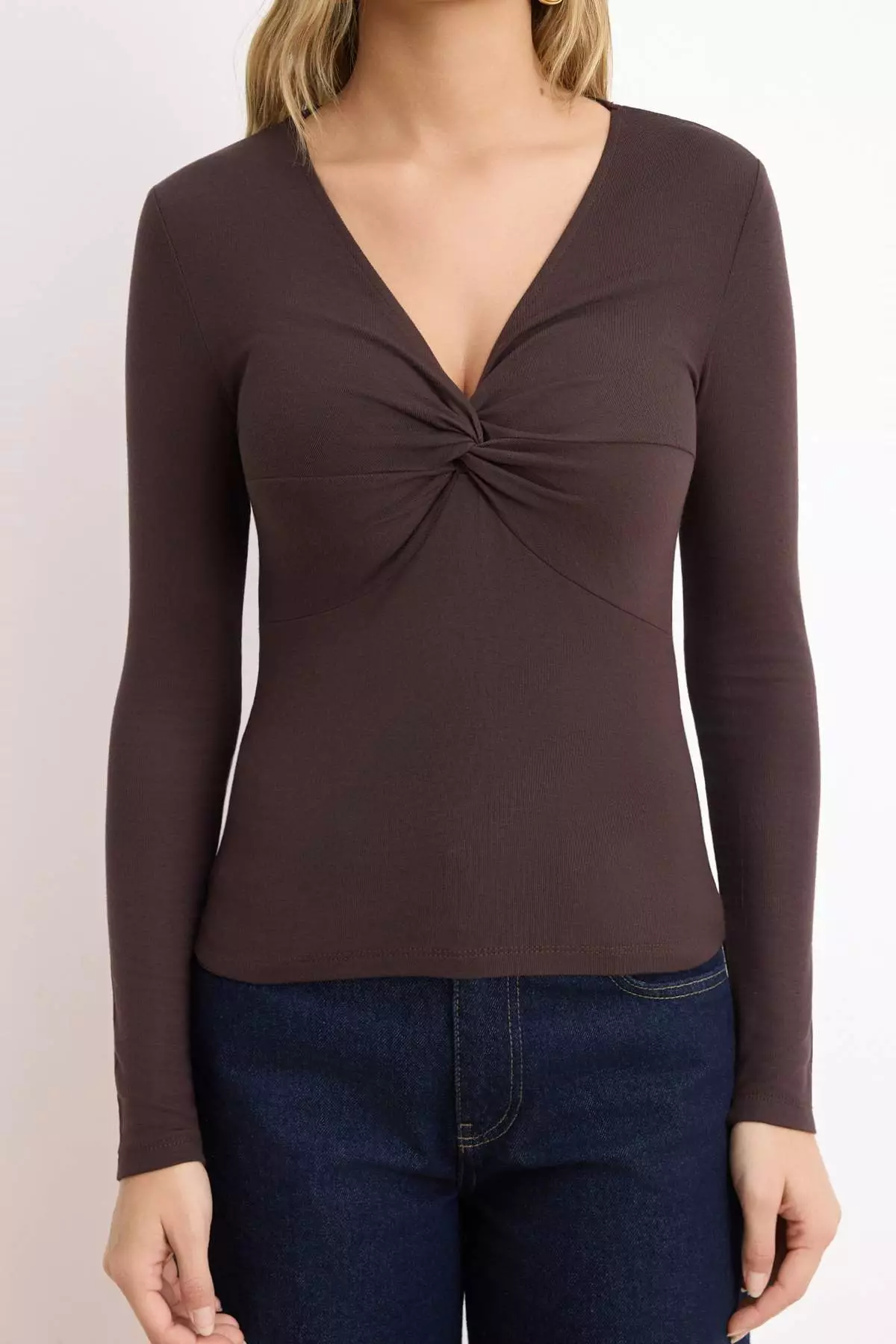 Brown Regular/Normal Fit V-Neck Short Sleeve Soft Knitted Blouse Twoss26Bz641