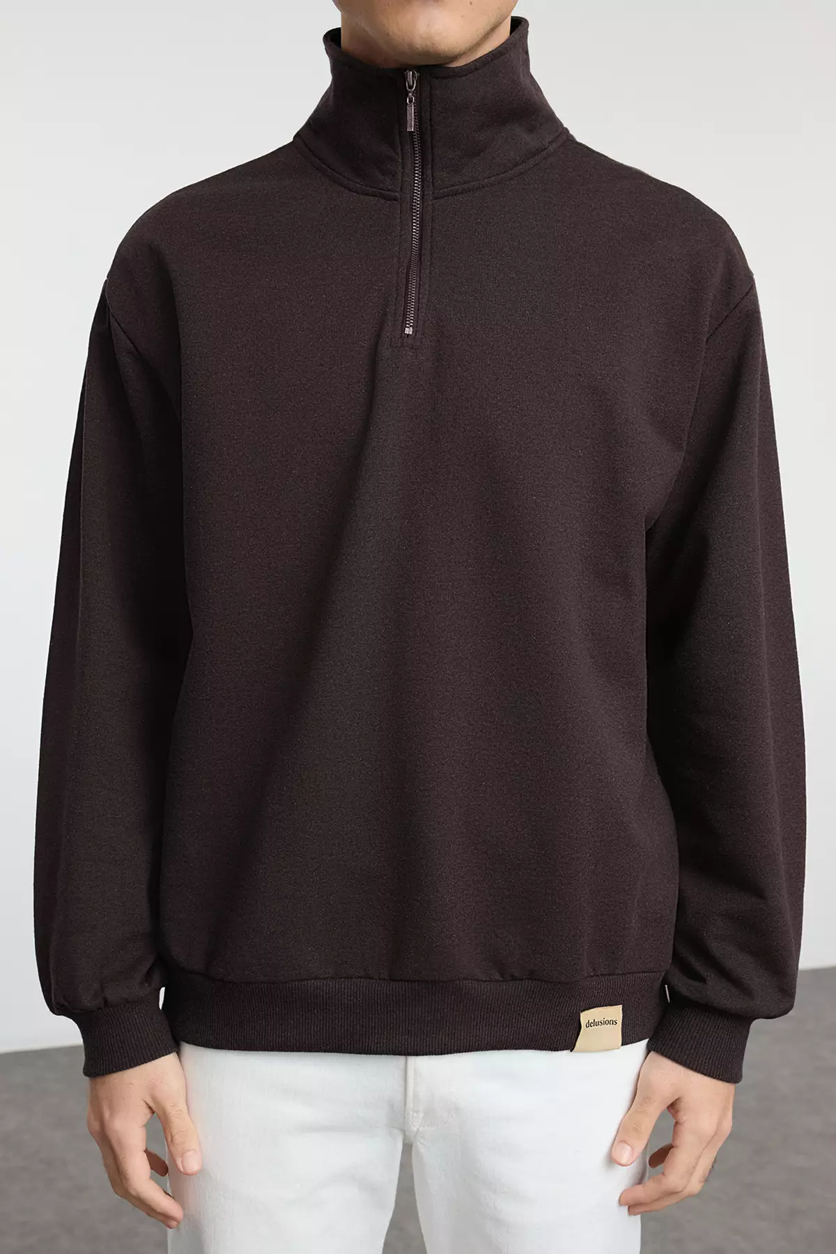 Dark Brown Oversize/Wide Stand Collar Zippered Label Fleece Inside Sweatshirt Tmnaw25Sw00168