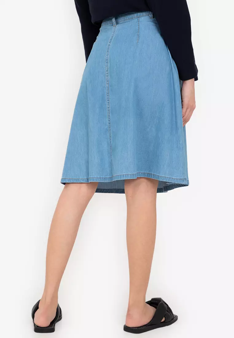 Denim knee sale length skirts online