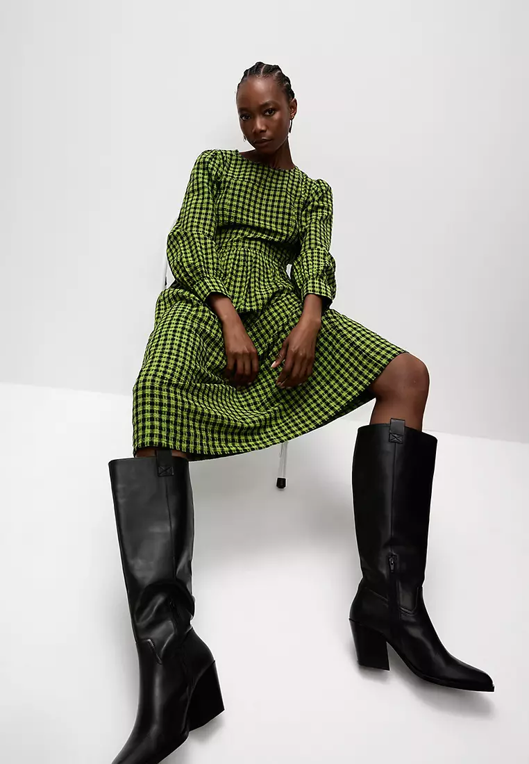 Pure Cotton Checked Midi Waisted Dress