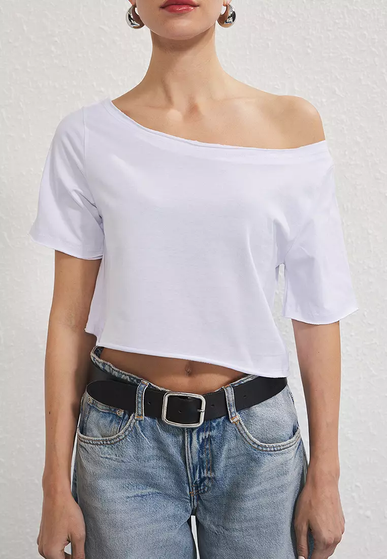 Black-White 2-Pack 100% Cotton Asymmetrical Boat Neck Crop Knit T-Shirt TWOSS25TS00194