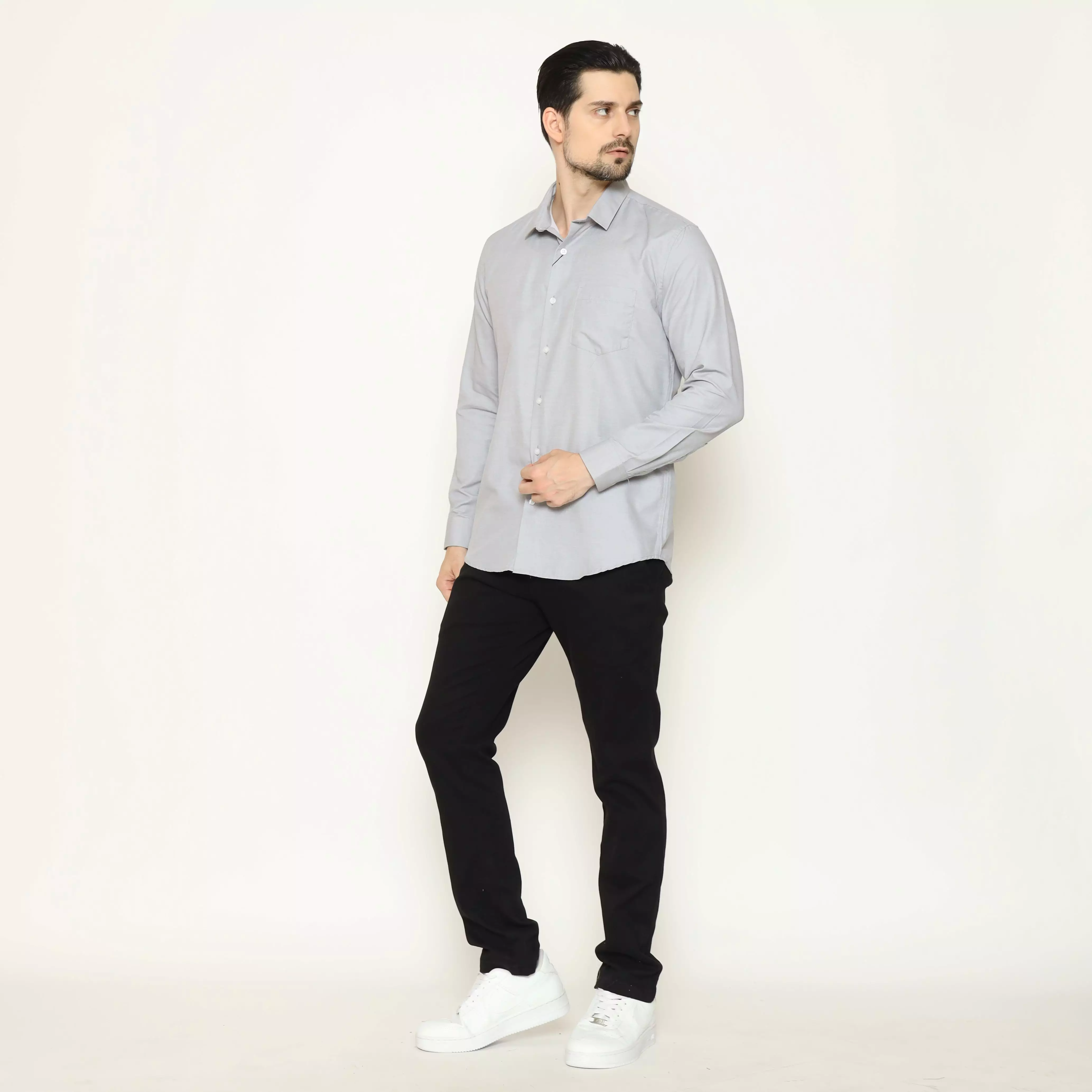 MAGINOT Kemeja Pria Basic Stripe Panjang LIGHT GREY