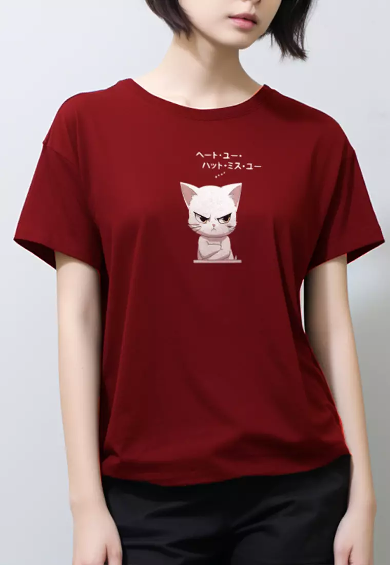 LTG68 Kaos Gambar Kucing Tangan Pendek Wanita Instacool "cat quote" maroon