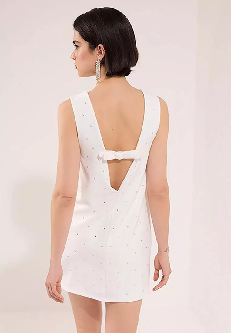 White Shiny Stone Printed Super Mini Dress Tpraw25El00192