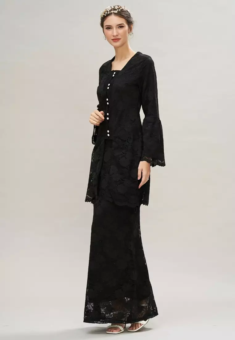 Loveaisyah Black Lace Puff Sleeve Modern Kebaya and Maxi Lace Skirt Hari Raya