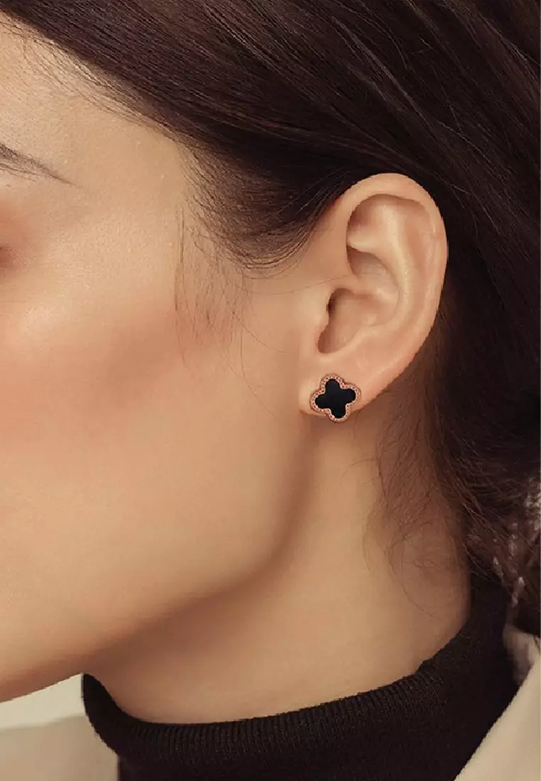 Adele Four-Leaf Clover Necklace + Stud Earrings + Rings Jewellery Set in Black