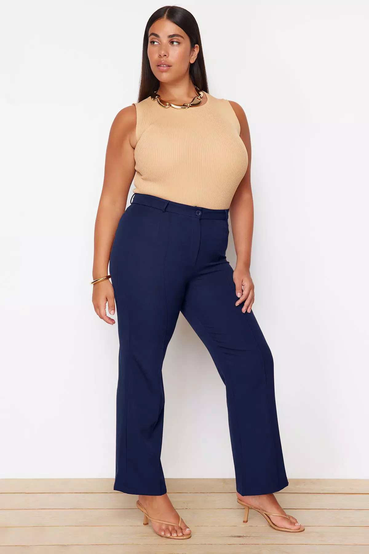Navy Blue Straight/Straight Cut High Waist Rib Stitching Woven Trousers Tbbss22Pl0301