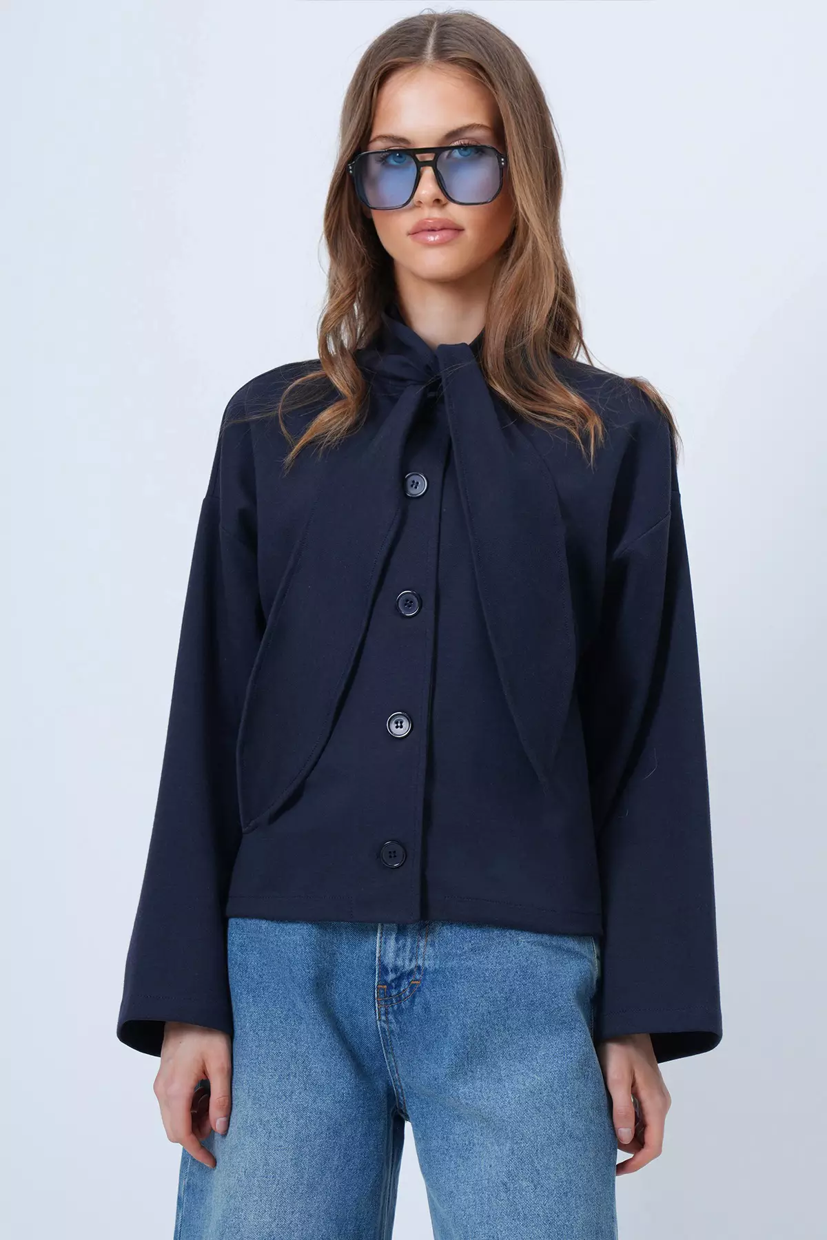 Navy Blue Buttoned Jacket With Scarf Detail Alc-X14669