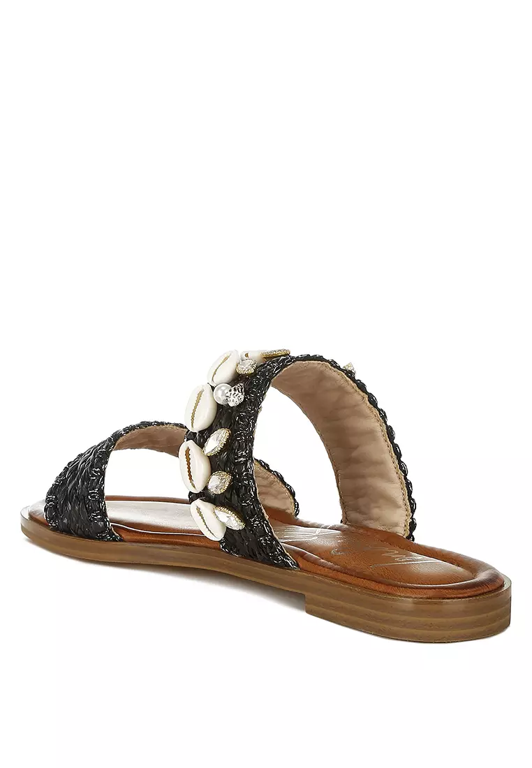 Sandal Slip-On Shell & Diamante dalam Warna Hitam