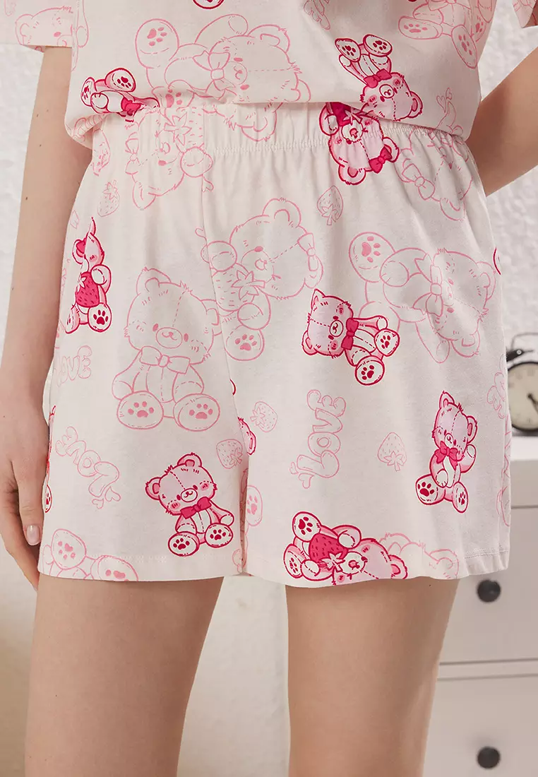 Pink Teddy Bear Shorts Knitted Pajamas Set