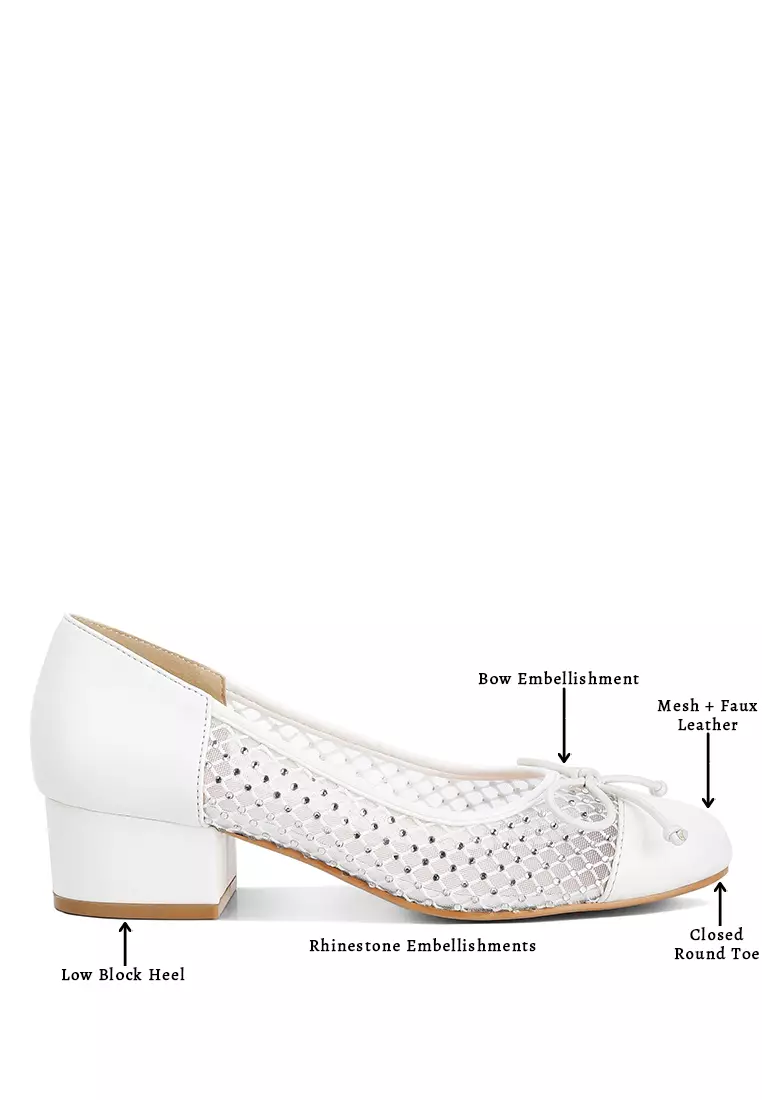 Rhinestone Detail Mesh Ballerinas in White