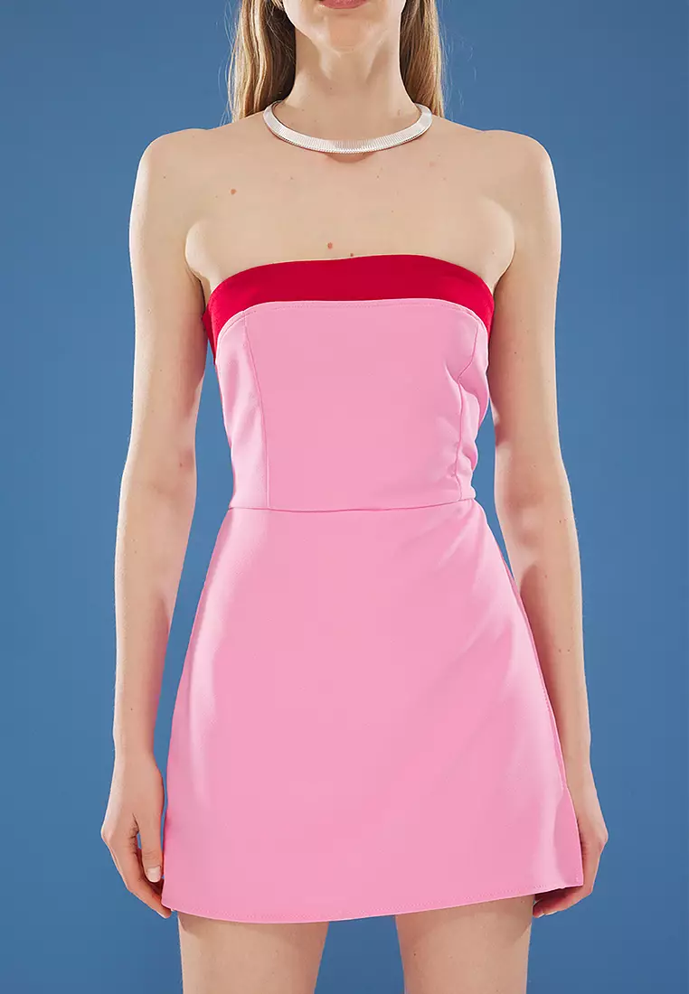 Pink Strapless Color Block Mini Woven Shorts Jumpsuit