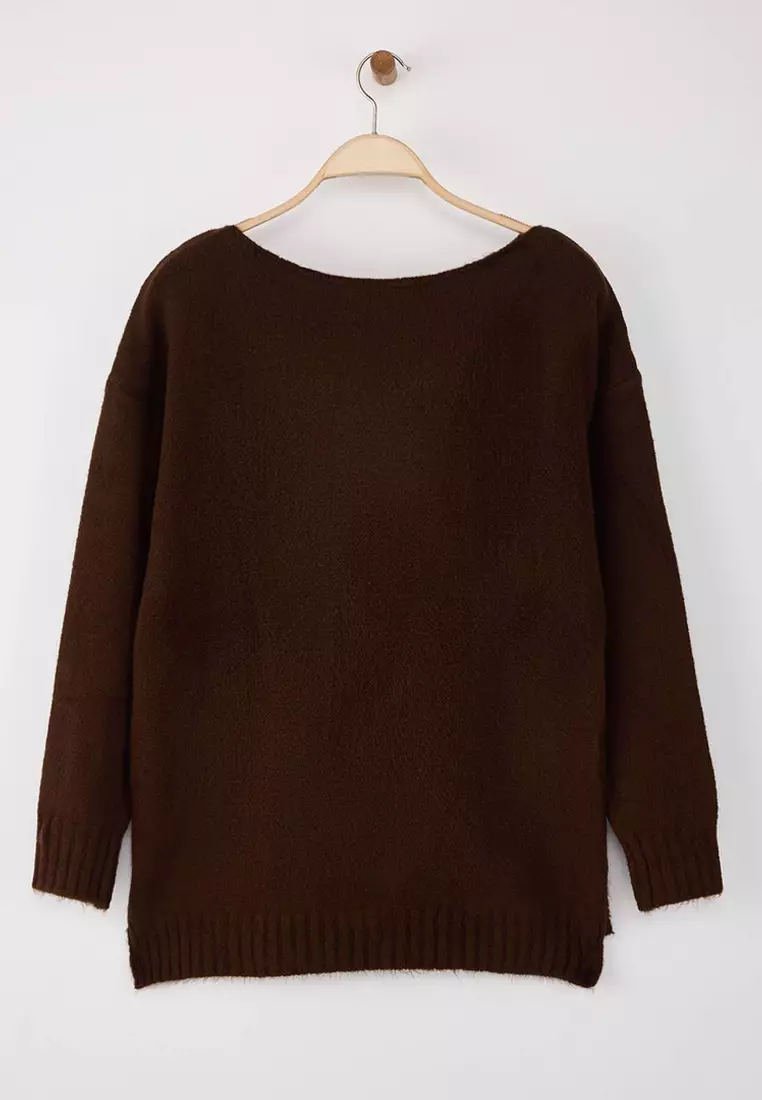 Brown Wool Boat Neck Basic Knitwear Sweater