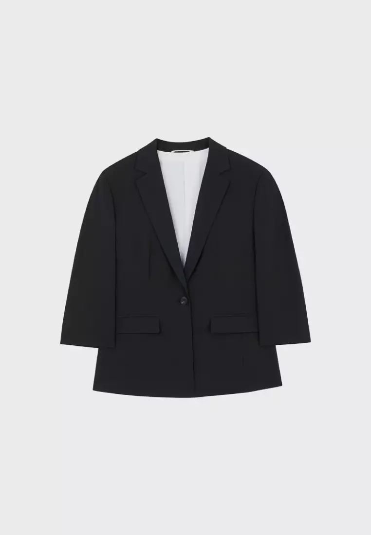 黑色織紋七分袖修身版西裝外套(可機洗)