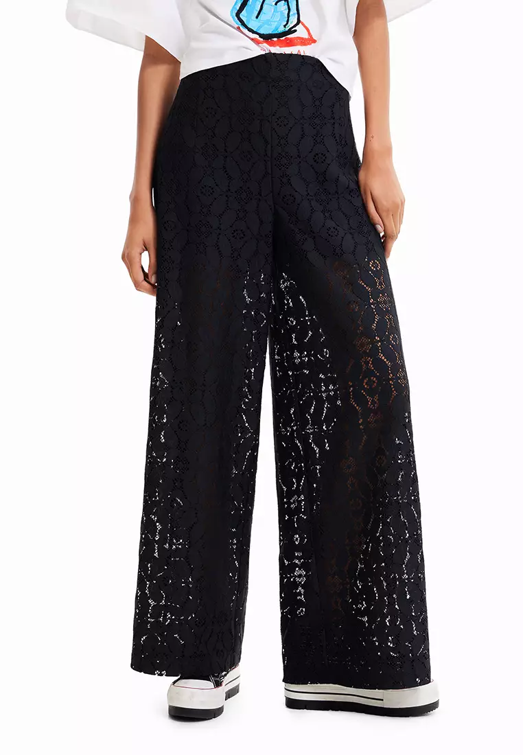 Embossed Wide Leg Track Pants - Navy Blue, Women's Trousers & Yoga Pants