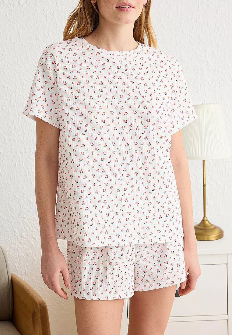 櫻桃印花紋理皺褶針織睡衣套裝