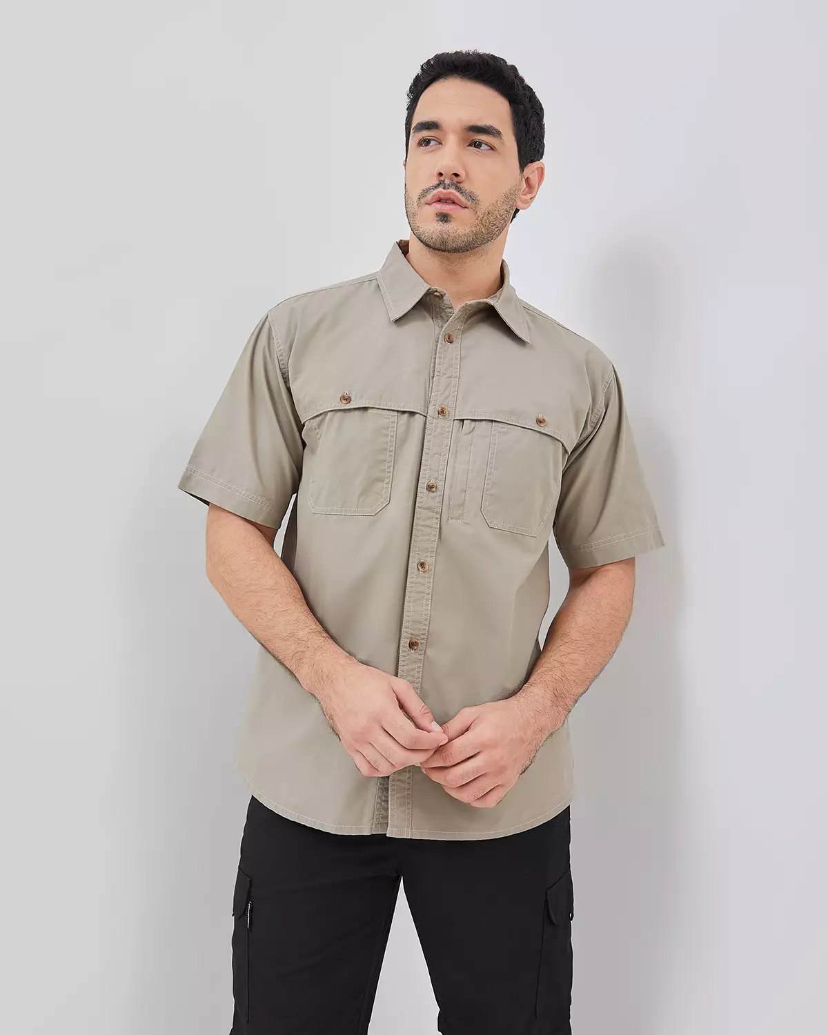 REGULAR SHORT SLEEVE DOUBLE POCKET COTTON CREAM SHIRT