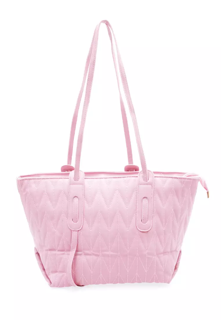 Laura Tas Kerja Wanita Tote Bag Motif Polos Large Compartment Material Leather ORIGINAL - Pink