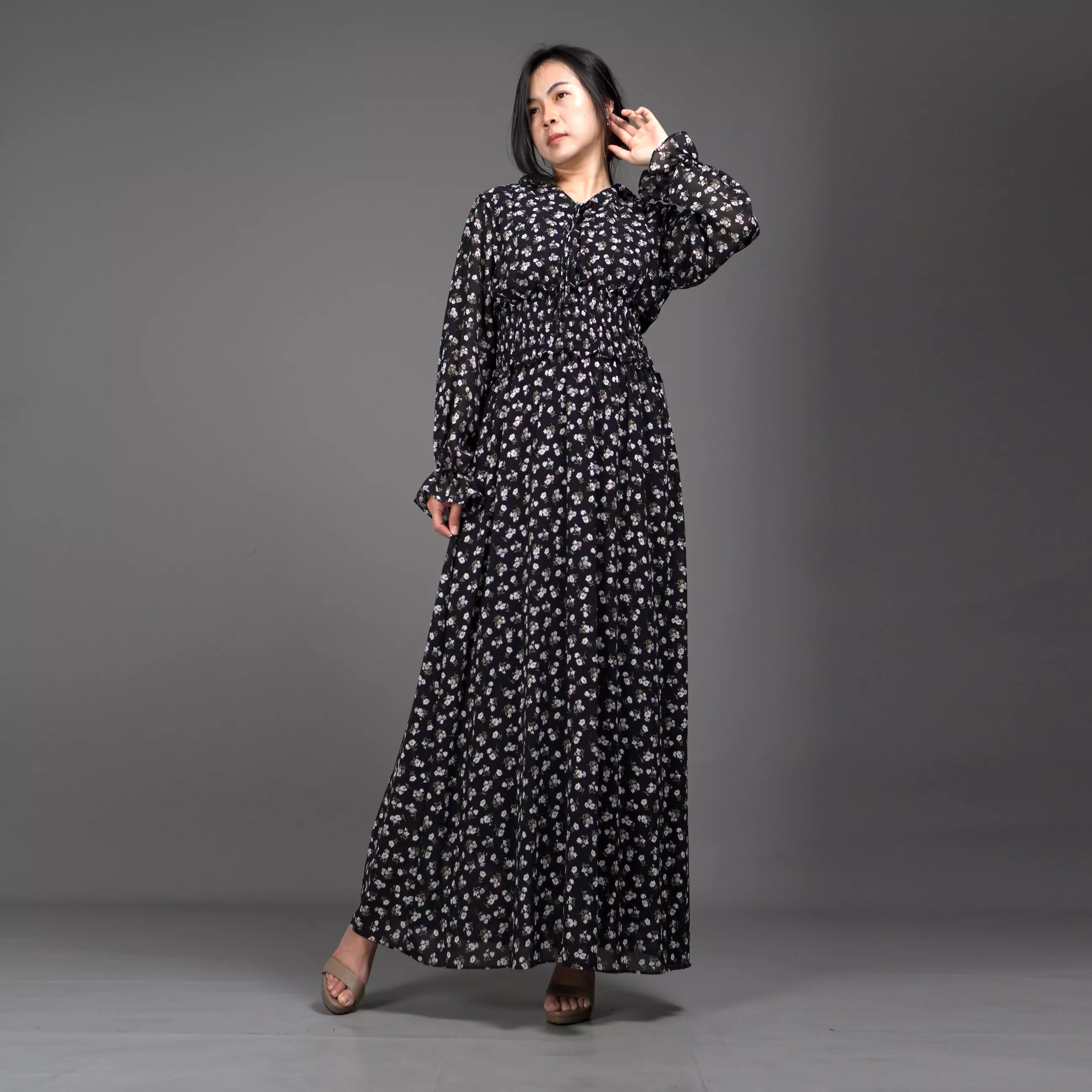  Dress SHALMA Long Dress Sifon Gaun Panjang Gaya Korea - Hitam