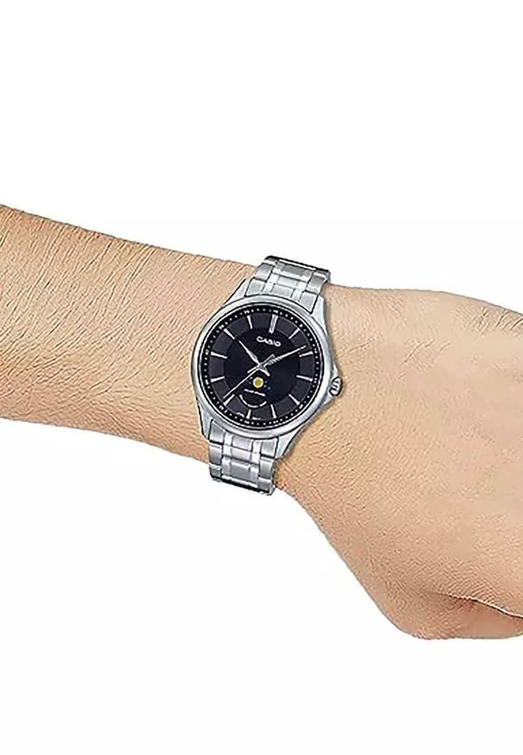 Moon Phase Men's Analog Watch MTP-M100D-1A Silver Stainless Steel Strap