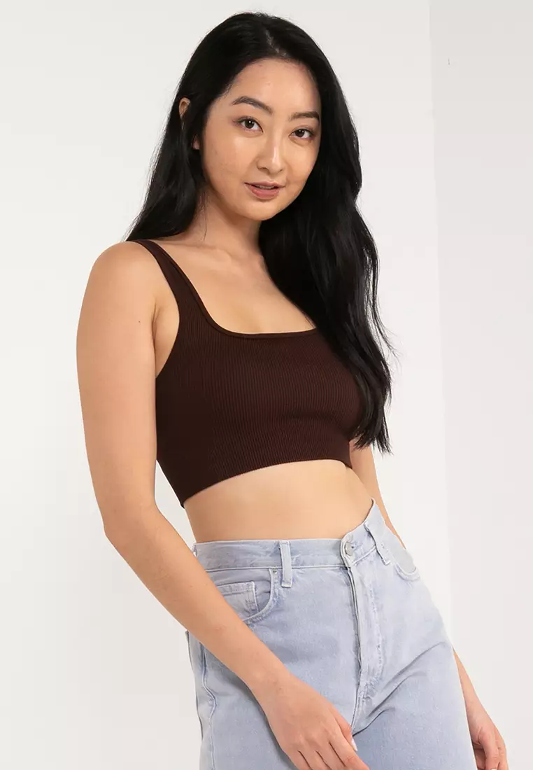 Brown Two Tone Micro Rib Strappy Cropped Cami Top